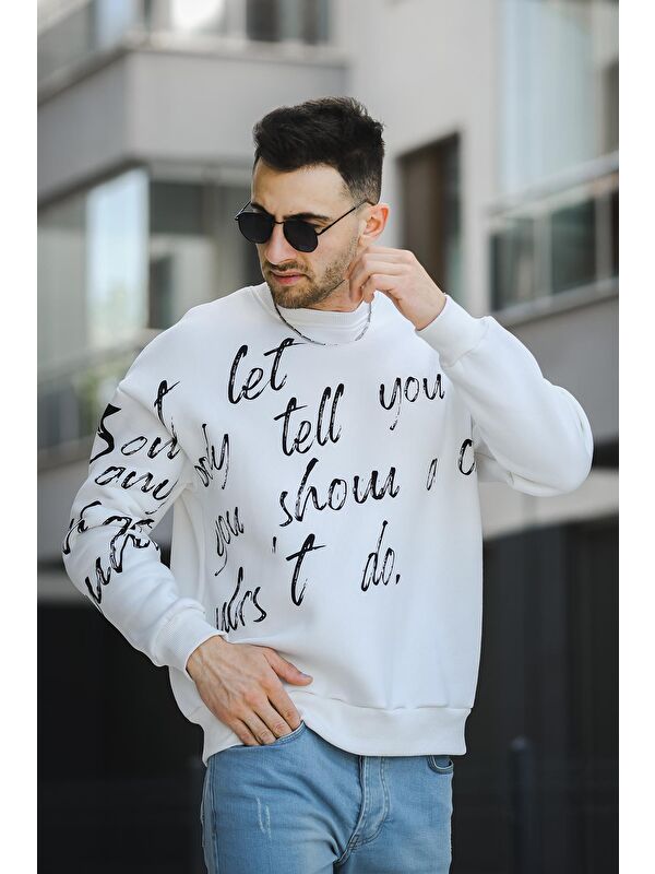 Oksit Üç İplik Şardonlu Baskılı Bisiklet Yaka  Erkek Sweatshirt