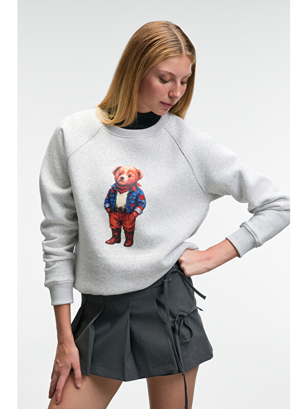 GRIMELANGE AELORIA Kadın Önü Baskılı Reglan Kol Oversize GRİ MELANJ Sweatshirt