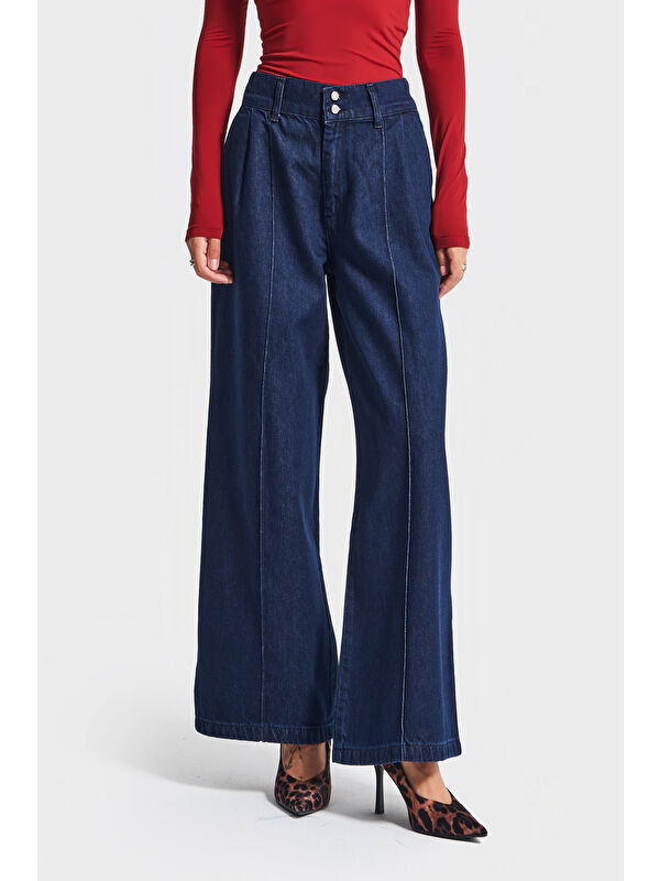 It's Basic Kadın İndigo Renk 7w5-50 Wide Leg Fit İç Boy 74cm Bol Kesim Viskon Kumaş Kemer Detaylı Denim Jean