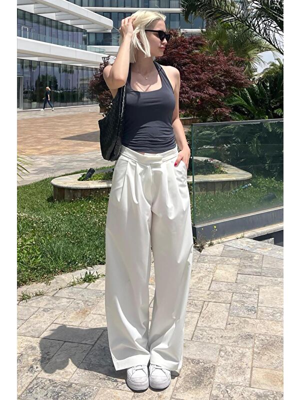 Madmext Beyaz Yüksek Bel Rahat Kesim Bol Paça Pantolon Mg2120