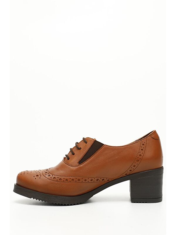 Gonderi(r) Kahverengi Gonderi(r) Hakiki Deri Yuvarlak Burun Orta Topuklu Kauçuk Taban Bağcıklı Kadın Ayakkabı 24231