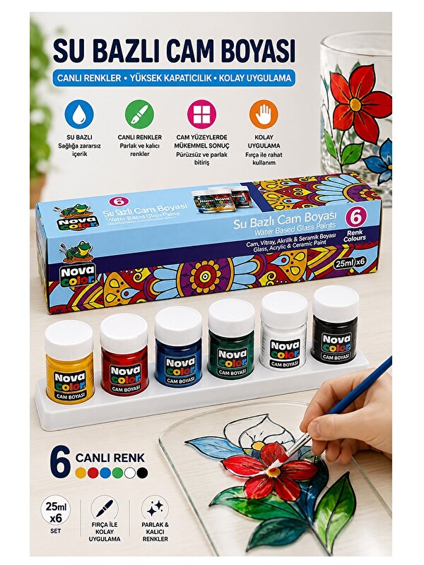Artlantis Cam Boyası 6 Renk 30 ml 1 Paket Nova Color Cam Vitray Boyası Vitray Boya Seti 6 lı Canlı Renkler