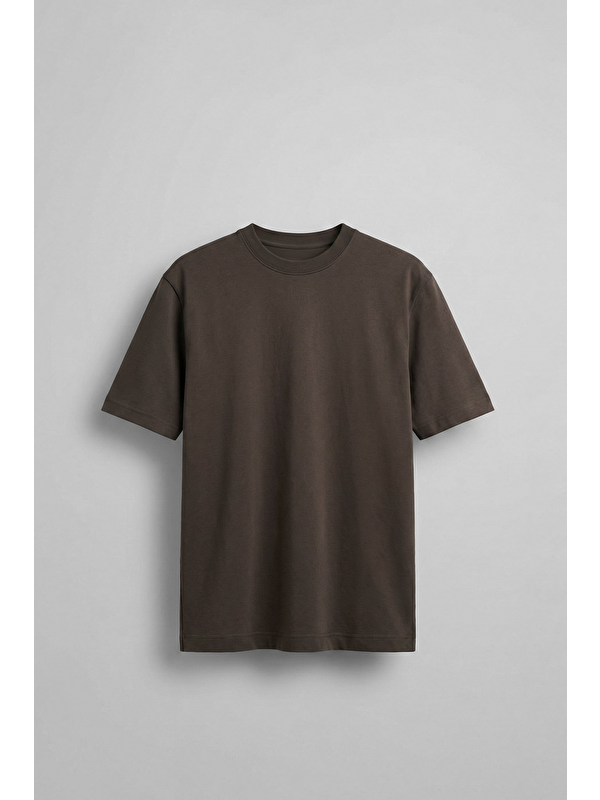 Abluka Online Erkek Oversize Premium Kumaş Gramajlı Basic T-Shirt Kahverengi