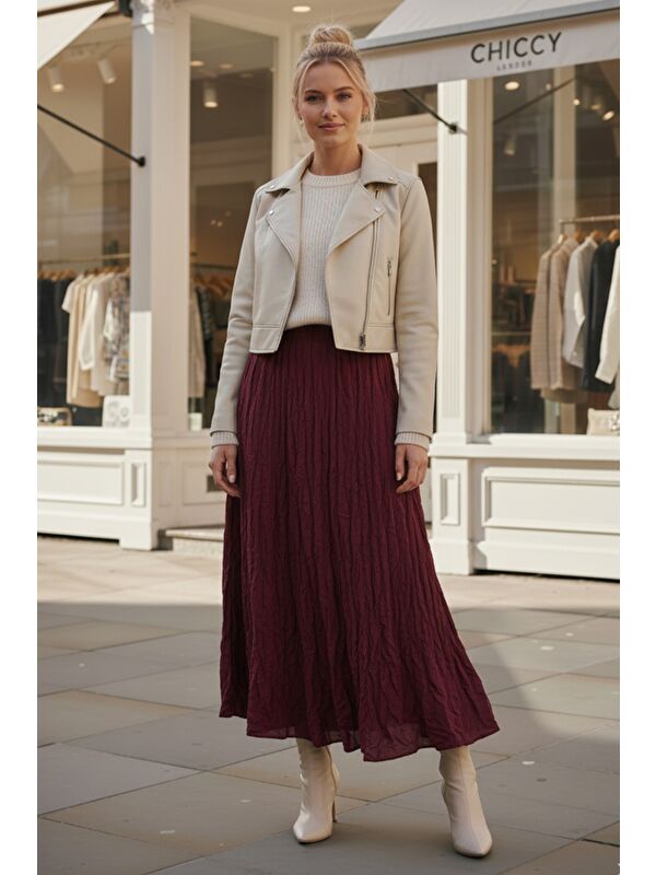 Chiccy Bordo Lastikli Bel Casual Krinkıl Uzun Dokuma Etek 95 60