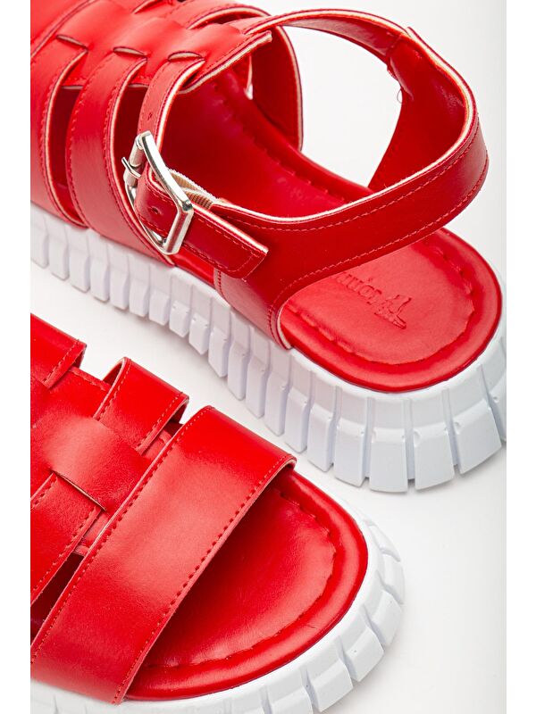 Kadın Kırmızı Bilekten Bağlamalı Üç Bantlı Poli Yüksek Taban Sandalet - Görsel 4