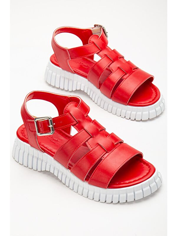 Kadın Kırmızı Bilekten Bağlamalı Üç Bantlı Poli Yüksek Taban Sandalet - Görsel 5