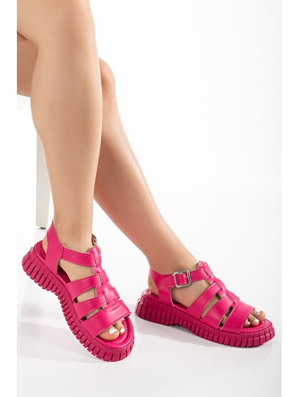 Kadın Fuşya Bilekten Bağlamalı Üç Bantlı Poli Yüksek Taban Sandalet - Görsel 3
