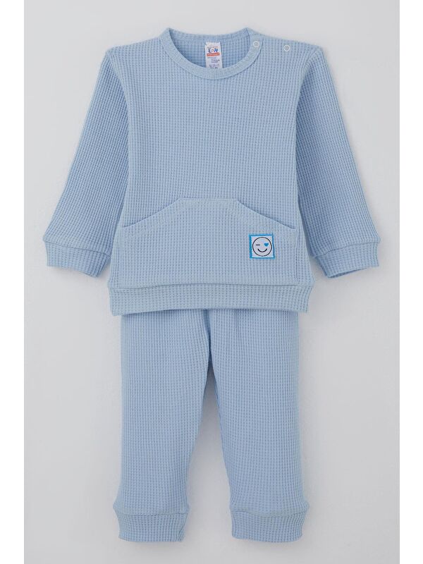Breeze Erkek Bebek Pijama Takımı Omuzdan Patlı Kanguru Cepli Gülenyüz Armalı Açık Mavi (4 Ay-1 Yaş)
