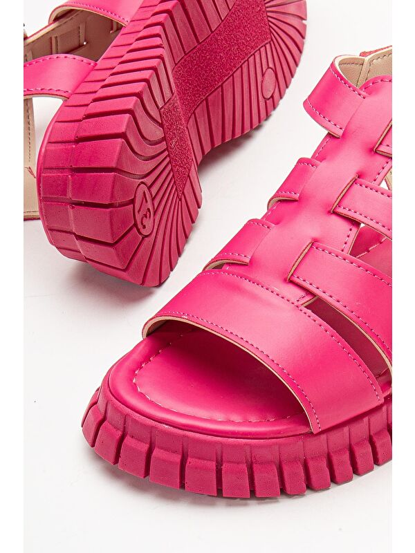 Kadın Fuşya Bilekten Bağlamalı Üç Bantlı Poli Yüksek Taban Sandalet - Görsel 4