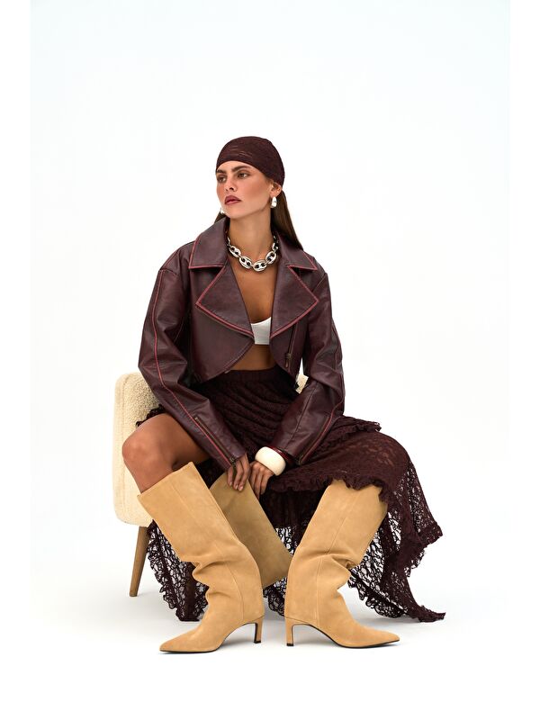 Mai Collection Carnas Asimetrik Bordo Suni Deri Ceket