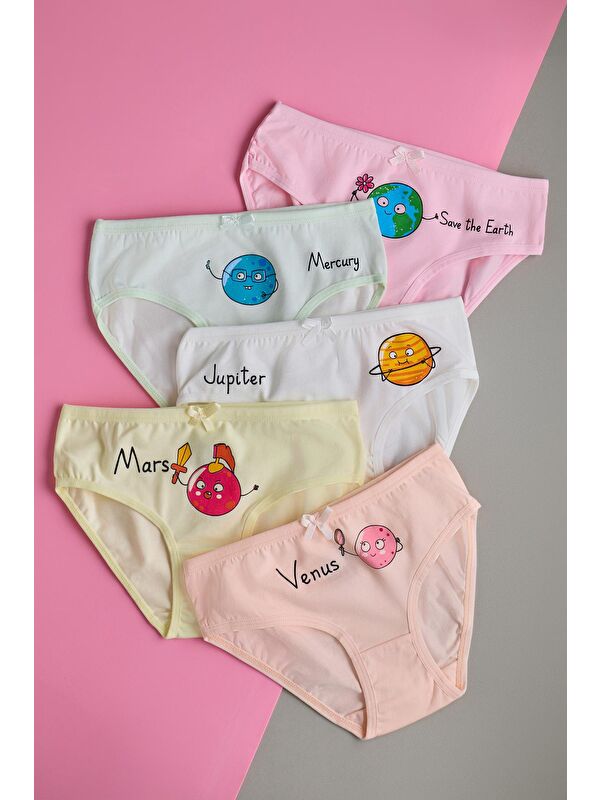 Katia And Bony Kız Çocuk 5 Li Paket Renkli Slip Külot Sevimli Gezegenler Çok Renkli