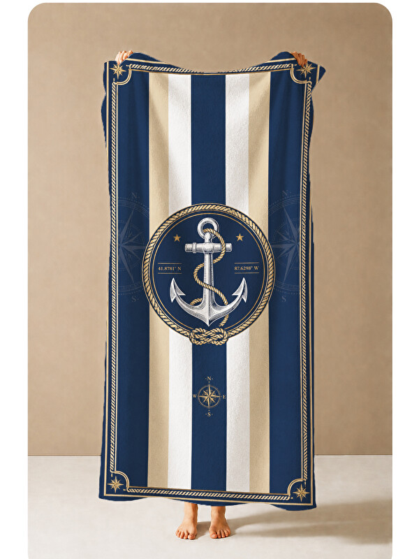 Milbay Grup Nautical Lacivert Beyaz Çizgili Çapa Amblem Desenli 70x150 Plaj Havlusu - Pamuklu Banyo Havlusu