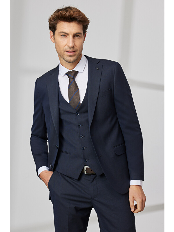 Altınyıldız Classics Erkek Lacivert Slim Fit Dar Kesim Mono Yaka Armürlü Yelekli Takım Elbise