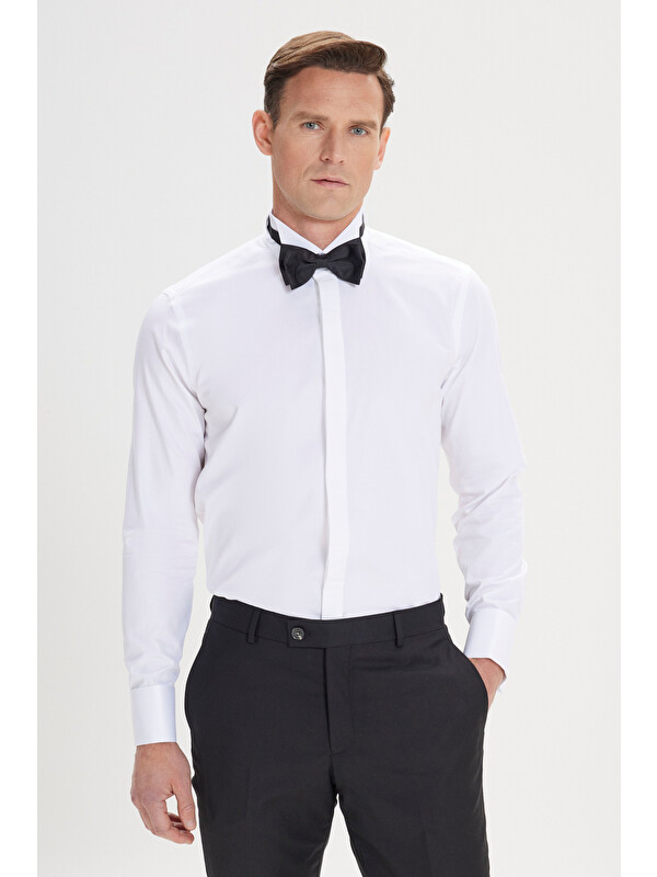 Altınyıldız Classics Erkek Beyaz Slim Fit Dar Kesim Ata Yaka %100 Pamuk Gömlek