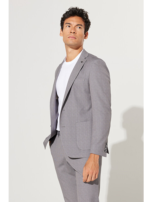 Altınyıldız Classics Erkek Bej Slim Fit Dar Kesim Mono Yaka Seyahat Çantalı Desenli Takım Elbise