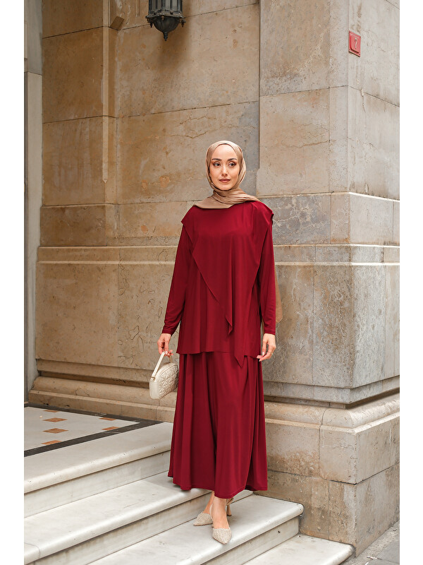 Locco Moda Kadın Asimetrik Salaş Takım Bordo