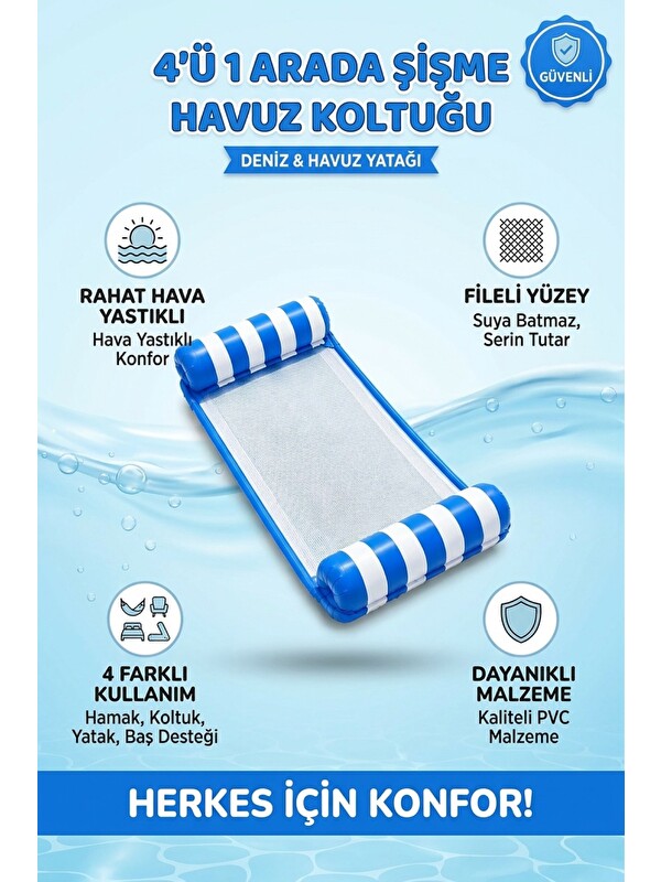 Oglo Şişme Havuz Koltuğu Hava Yastıklı Fileli 4'ü 1 Arada Deniz ve Havuz Yatağı Şezlong Mavi
