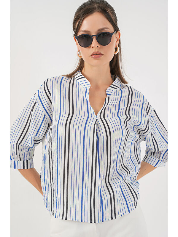 Bigdart Kadın Çizgili Oversize Bluz 967 - Lacivert
