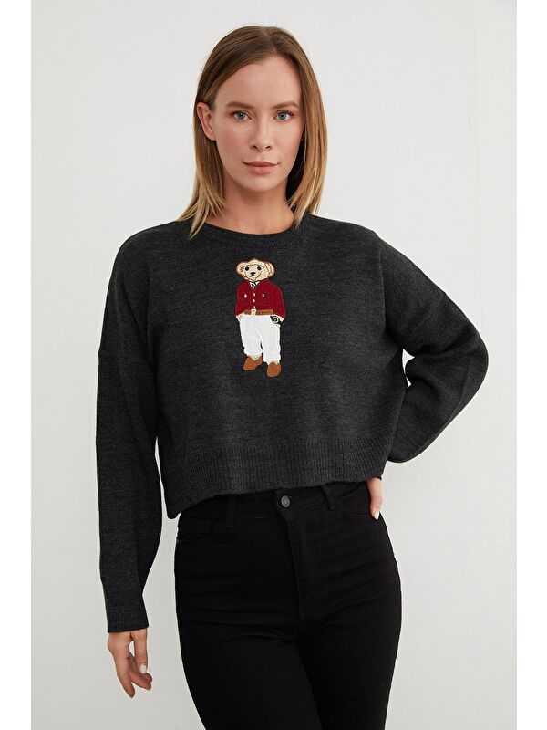 Fullamoda Ayıcık Nakışlı Oversize Crop Kazak