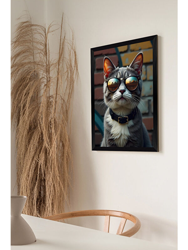Artavessa Tek Parça Siyah Çerçeve Görünümlü Kedi Baskılı MDF 48x33 cm Tablo - Model 29