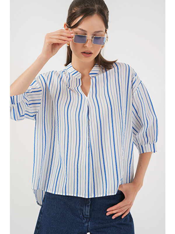 Bigdart Kadın Çizgili Oversize Bluz 967 - Mavi