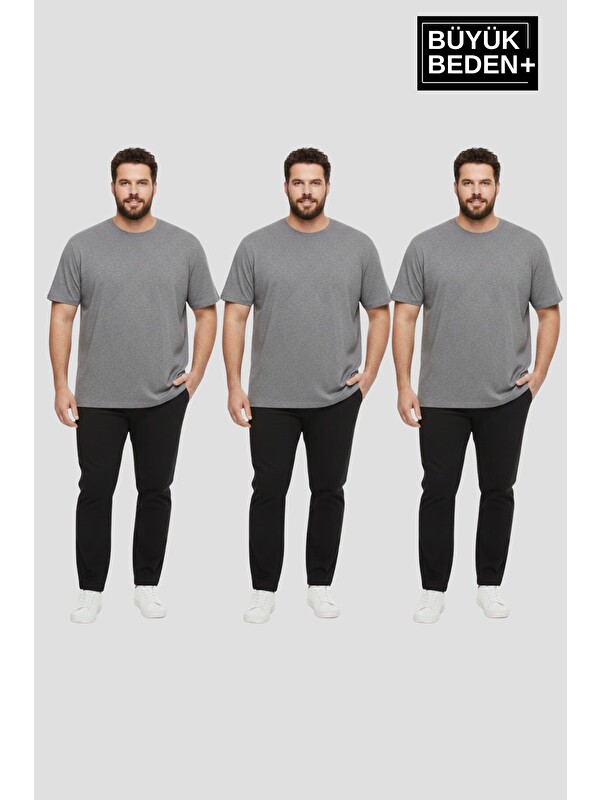 Süperlife Büyük Beden Erkek Basic 3XL-6XL Bisiklet Yaka 3'lü Tişört Seti SPR26BTS510+3