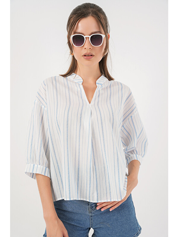 Bigdart Kadın Çizgili Oversize Bluz 967 - A.Mavi