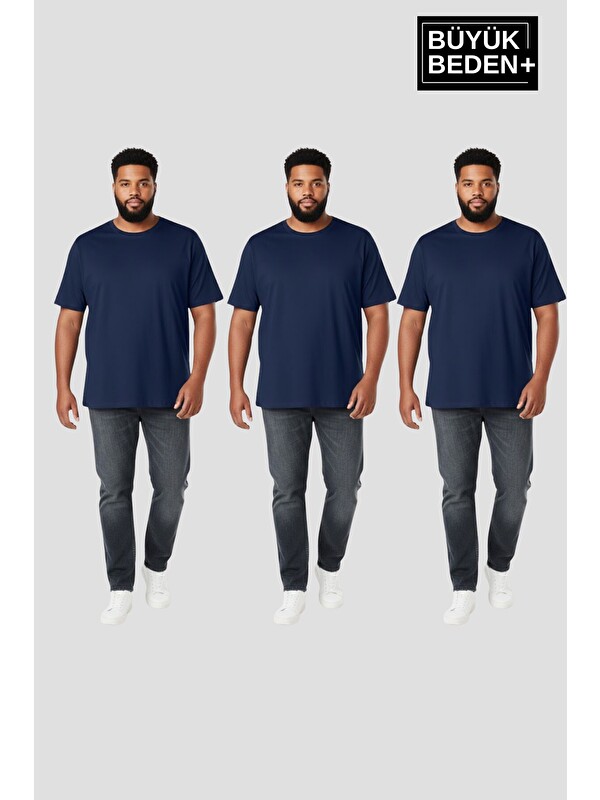 Süperlife Büyük Beden Erkek Basic 3XL-6XL Bisiklet Yaka 3'lü Tişört Seti SPR26BTS510+3
