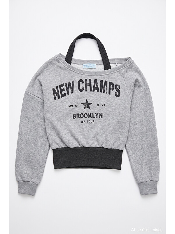 QUZU Halter Garnili Baskılı Sweatshirt Grimelanj