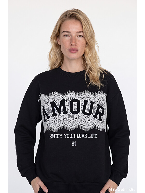 QUZU Dantel Aplikeli Oversize Sweatshirt Siyah