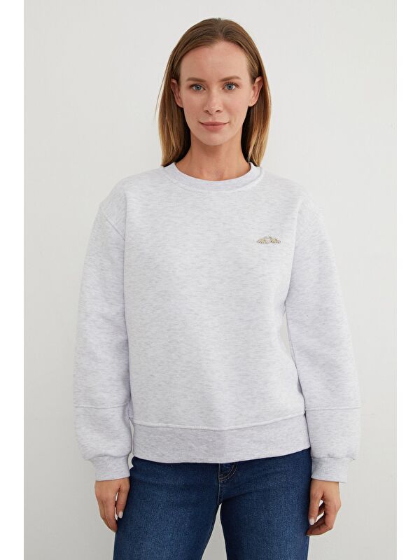 Fullamoda 3 İplik Metal Aksesuarlı Bisiklet Yaka Sweatshirt