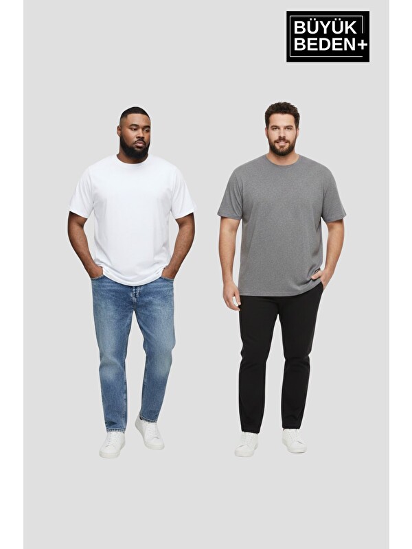 Süperlife Büyük Beden Erkek Basic Bisiklet Yaka 2'li Tişört Seti 3XL-6XL SPR26BTS510+2