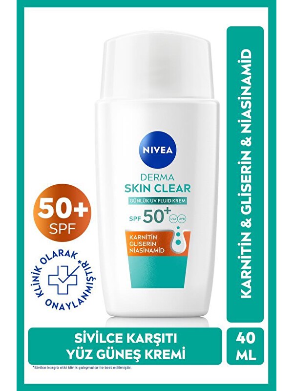 NIVEA SPF50 Derma Skin Clear Sivilce Karşıtı Güneş Koruyucu Yüz Krem 40ml,Matlaştırıcı,Niasinamid,Karnitin