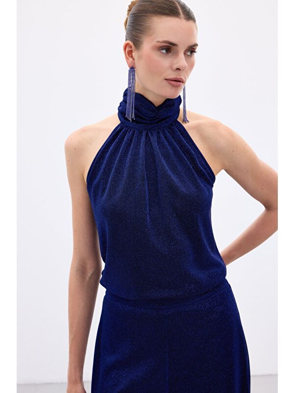 SATEEN Kolsuz Parlak Bluz - Sax Mavi