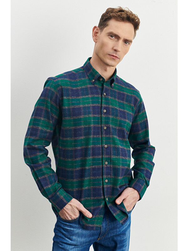 Altınyıldız Classics Erkek Lacivert-Yeşil Comfort Fit Geniş Kesim Düğmeli Yaka %100 Pamuk Flanel Oduncu Gömlek