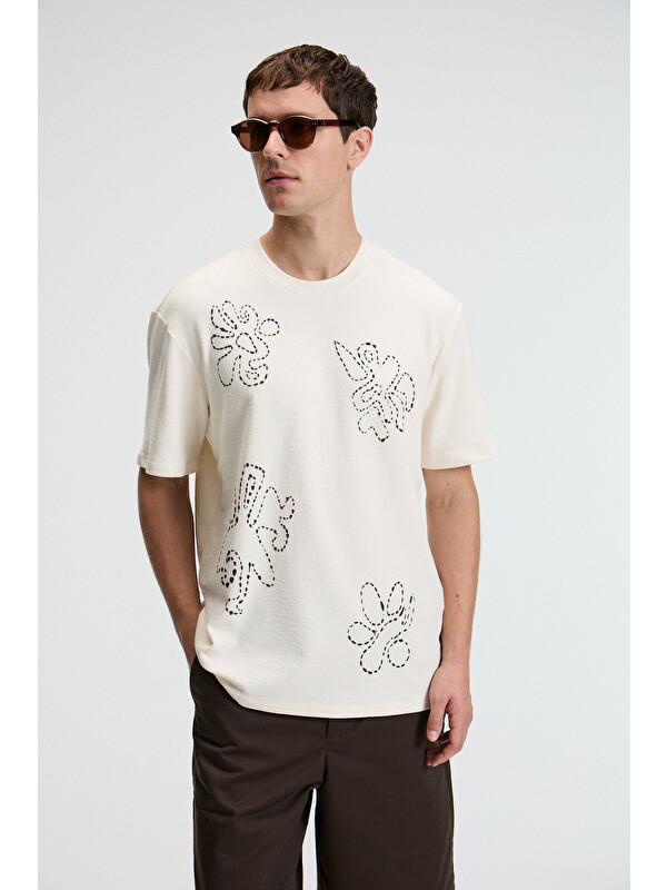 GRIMELANGE BAGGY Erkek %100 Pamuk Oversize Fit Baskılı Kısa Kollu Yuvarlak Yakalı VANİLYA T-Shirt