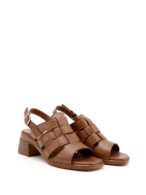 Kadın TABA Örgü Bantlı Kalın Topuklu Hakiki Deri Sandalet - Görsel 3