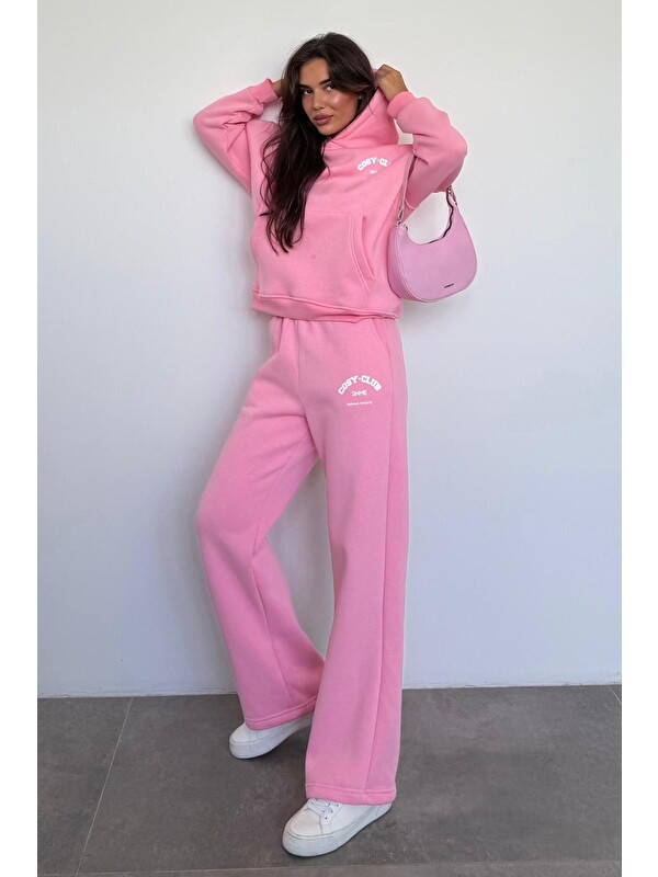 Madmext Pembe Kapüşonlu Baskılı Kadın Eşofman Takımı Mg2524