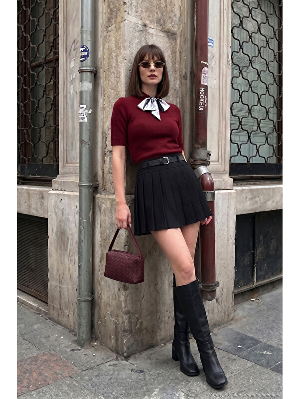 Lela Kemer Detaylı Pileli Mini Kadın Şort Etek 5867046