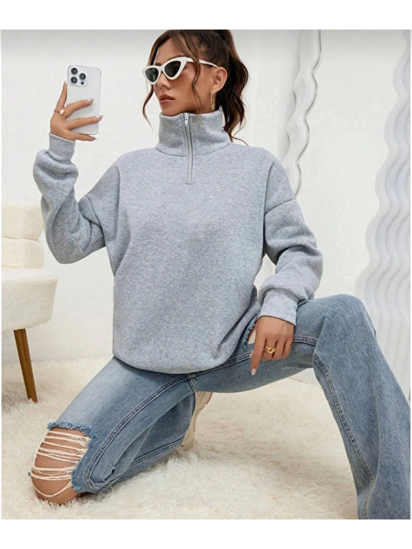 Jane's Unisex Uzun Kol Yarım Farmuarlı Yakalı Basic SweatShirt - Gri