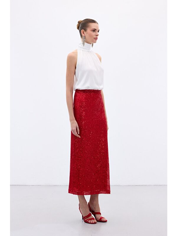 SATEEN Karolin Midi Etek - Kırmızı