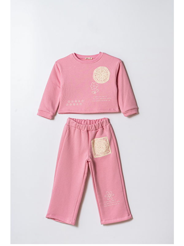 Magu Kız Çocuk Pamuklu Pembe Dantel Detaylı Sweatshirt Ve Eşofman Altı İkili Takım
