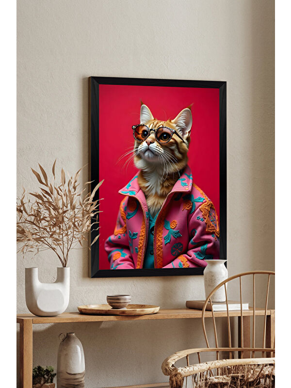 Artavessa Tek Parça Siyah Çerçeve Görünümlü Kedi Baskılı MDF 20x30 cm Tablo - Model 28