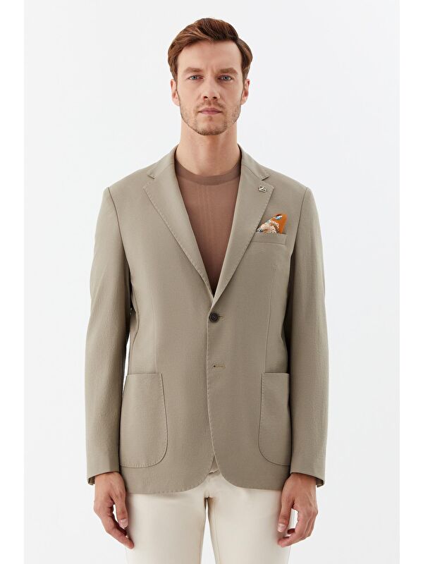 Sabri Özel Bej Regular Fit Mono Yaka Erkek Blazer Ceket