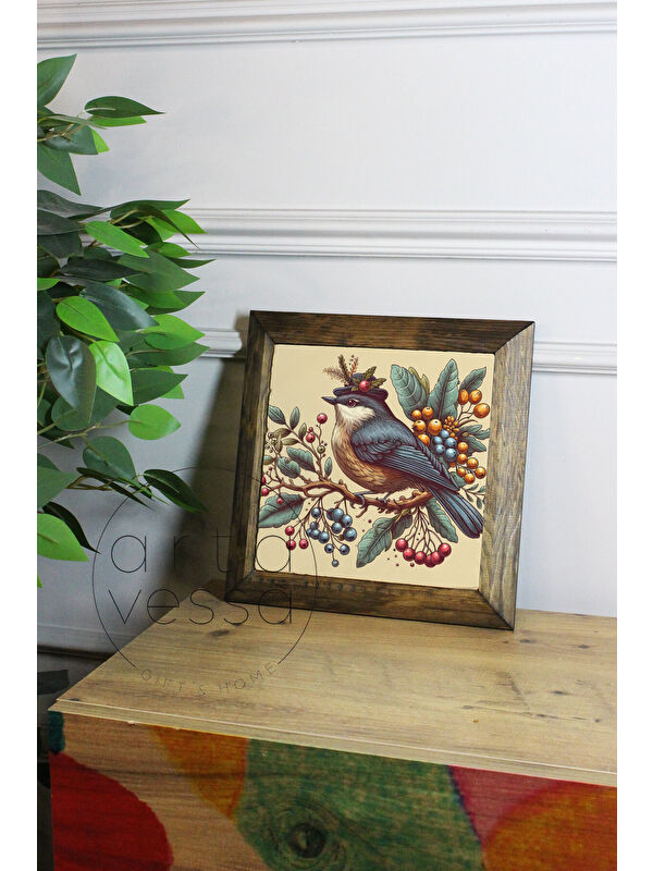 Artavessa Masif Ahşap Çerçeveli Taş Tablo Pano 26 x 26 cm - Bahar ve Kuşlar 2 - 16 x 16