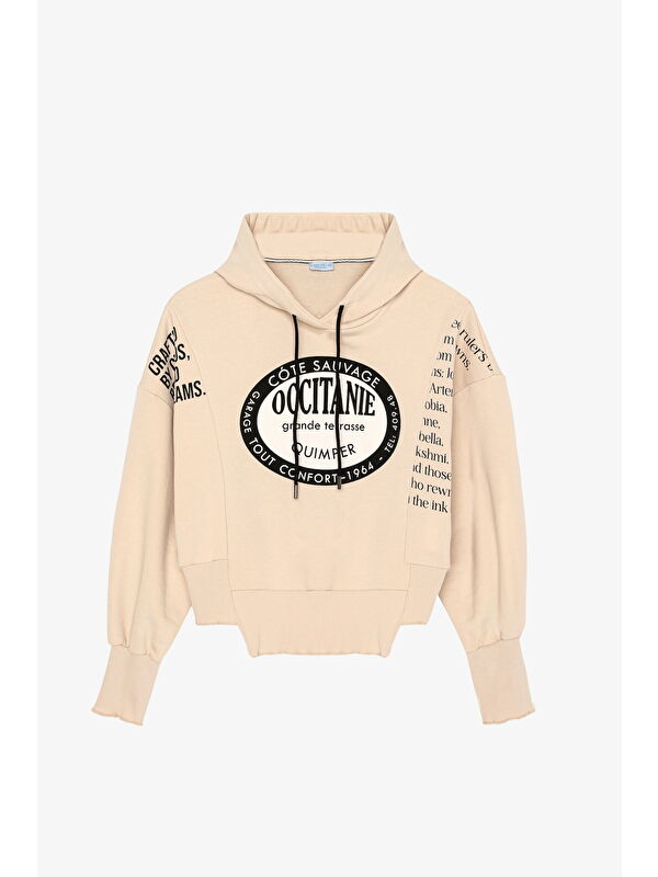 QUZU Yırtık Detaylı Yazı Baskılı Oversize Sweatshirt Taş