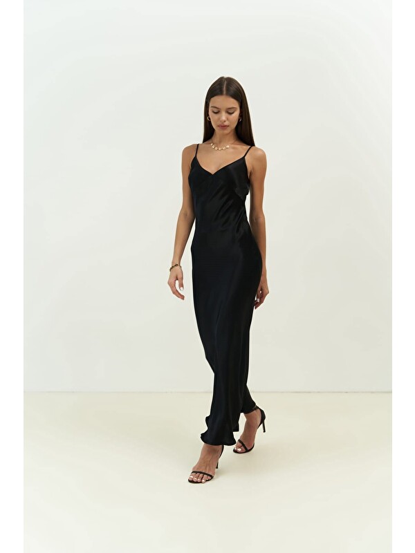 Mai Collection Olesya Askılı Siyah Maxi Boy Elbise