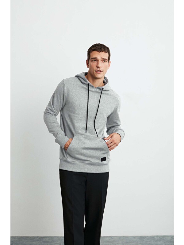 GRIMELANGE JORGE Erkek Yumuşacık Kapüşonlu Organik Pamuk Kanguru Cepli Regular GRİ MELANJ Sweatshirt