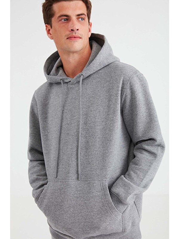 GRIMELANGE JORGE Erkek Yumuşacık Kapüşonlu Organik Pamuk Kanguru Cepli Regular AÇIK GRİ Sweatshirt