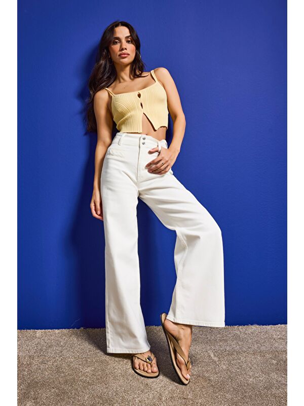 It's Basic Kadın Kırık Beyaz 7s6-101 Wide Leg Yüksek Bel Elastan Kumaş Denim Jean